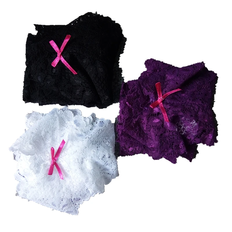 black white purple Ixuejie 3 шт./лот S-XL размера плюс женские кружевные стринги большого размера сексуальные трусики быстросохнущие модные трусы - Цвет: black white purple
