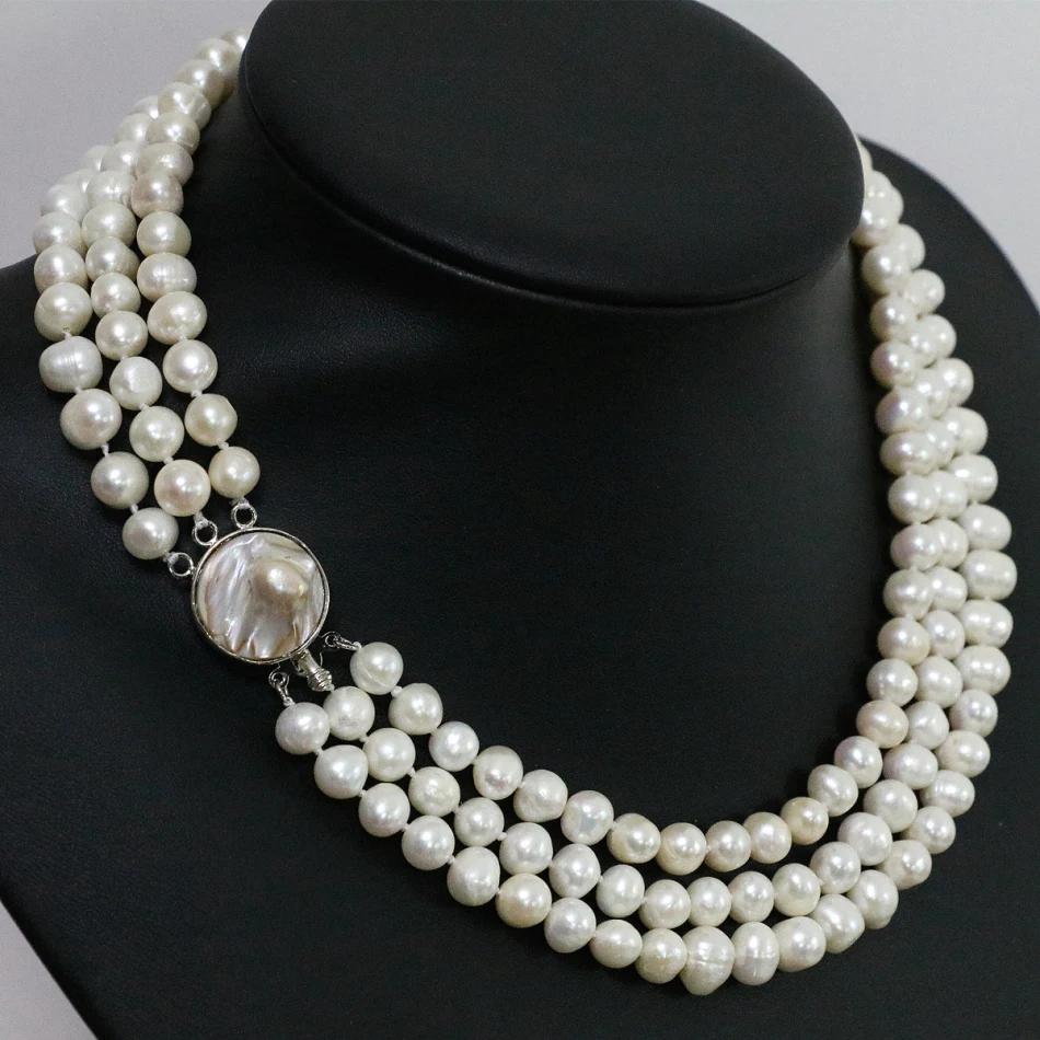 Ожерелье женское 3-рядное из натурального пресноводного жемчуга колье круглого