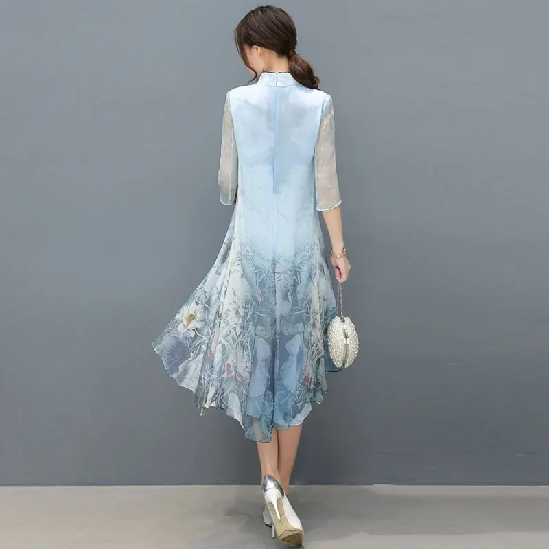 Летнее платье из искусственного шелка с цветочным принтом в китайском стиле