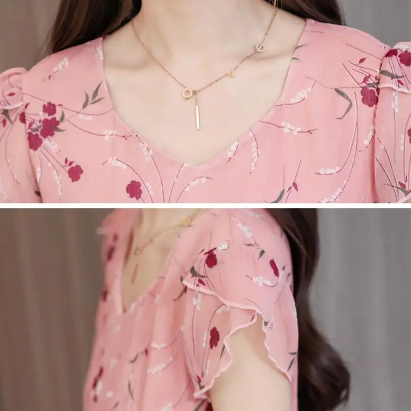 

2019 New Summer Arrival Print Chiffon Dress Short Sleeve Fashion Women Elegant 3XL Plus Size Dress V Neck Midi Dresses