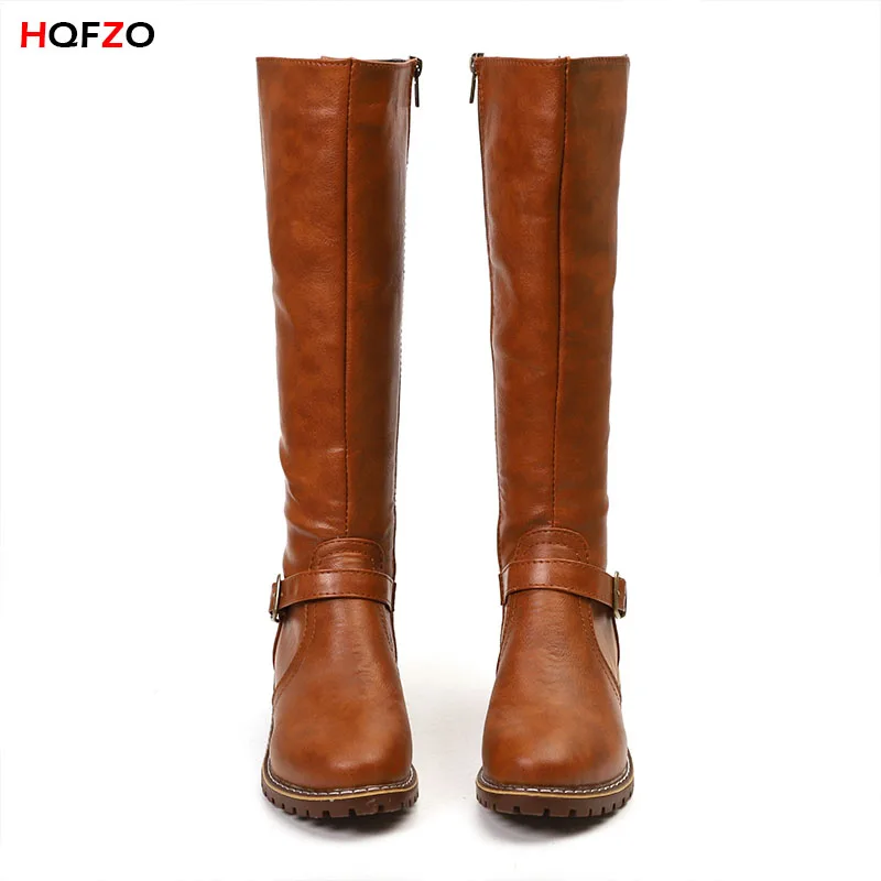 brown HQFZO/женские высокие сапоги из искусственной кожи; повседневные сапоги в жокейском стиле с ремешком и пряжкой на молнии; сезон осень-зима; свободные сапоги до бедра; Botas Mujer; обувь - Цвет: brown