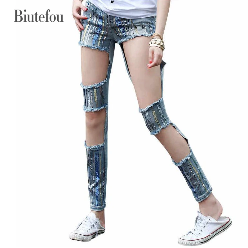 2019 вышивка большое отверстие уличная Личность Модные женские джинсы блестки