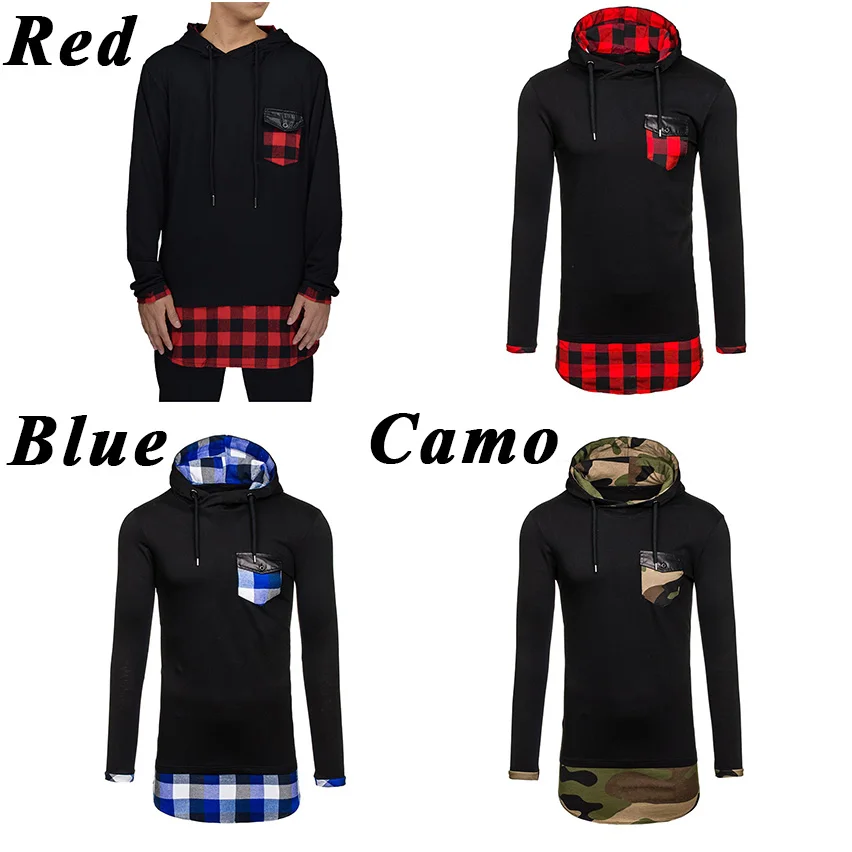 Moomphya Fall plaid patchwork hoodies Full sleeve side zip curve hem hooded sweatshirt hip hop streetwear men|hoodies men|streetwear hoodiesweatshirt