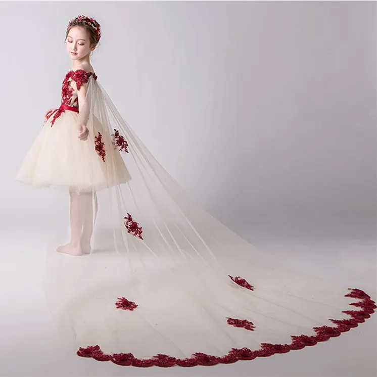 

Glitz Long Trailing Little Girls Princess Flower Wedding Dress Kids Beaded Appliques Party Dress Christmas First Communion Gown
