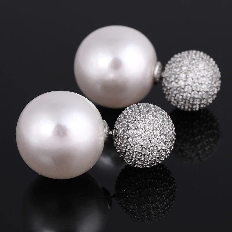 

XIUMEIYIZU Luxury 15mm Simulated Pearl Bubble Earring Full Prong Cubic Zirconia Reversible Double Ball Rhodium Stud Earrings