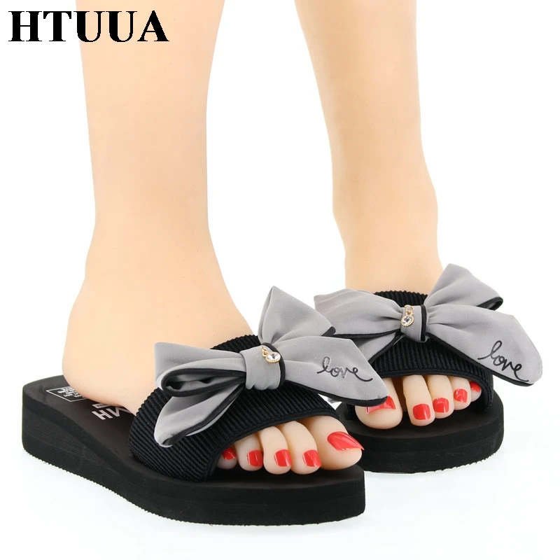 Женские шлепанцы с большим бантом HTUUA пляжные на плоской подошве 3 см уличные