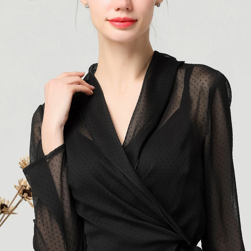 

See Through Black Polka Dots Chiffon Women Blouse With Tank Top Long Sleeve V-Neck With Belt Elegant Slim Female Summer Cardigan