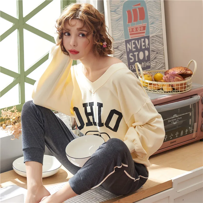 JRMISSLI M-XXL, женские пижамные комплекты, хлопок, осенняя одежда для сна, с буквенным принтом, пижама с v-образным вырезом, женская пижама
