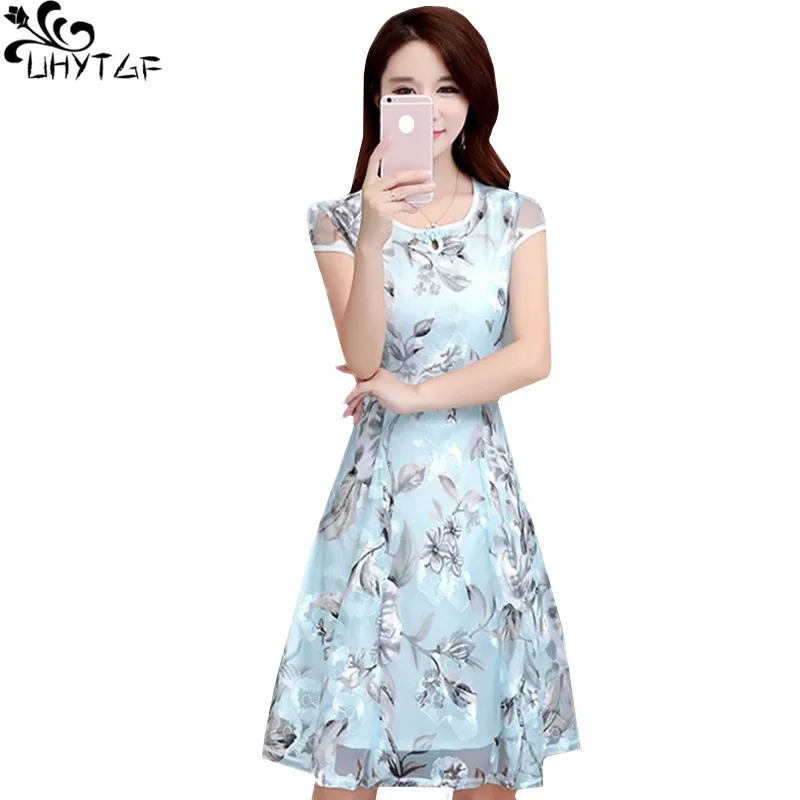 Женское платье с коротким рукавом UHYTGF шифоновое большого размера цветочным