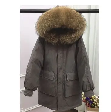 grey coat brown fur Огромный воротник из натурального меха енота, зимняя куртка для женщин, плотное теплое женское Свободное пальто, высокое качество, белый пуховик, парка - Цвет: grey coat brown fur