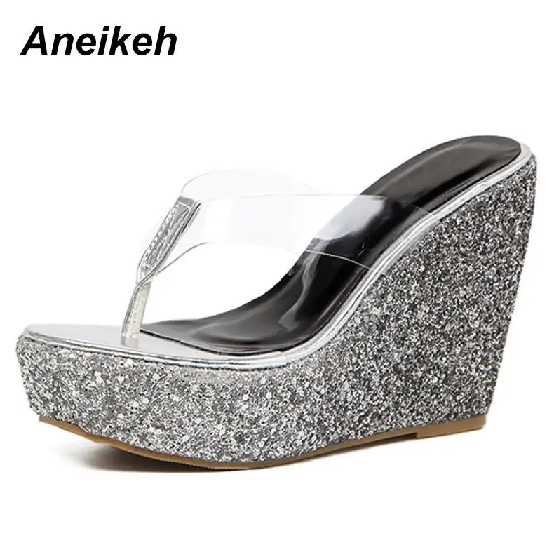 Black Silver Aneikeh/Новинка года; модные Вьетнамки; шлепанцы на толстой платформе с блестками; сандалии; Летняя женская пляжная обувь на танкетке - Цвет: Black Silver