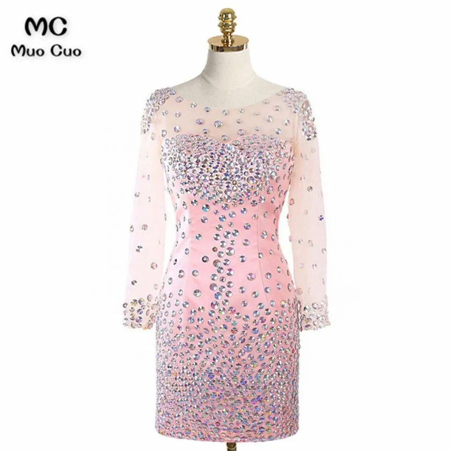 Иллюзия с длинным рукавом вечернее платье короткое с кристаллами камень Vestido de festa Лонго Формальное вечернее Вечерние платья для женщин