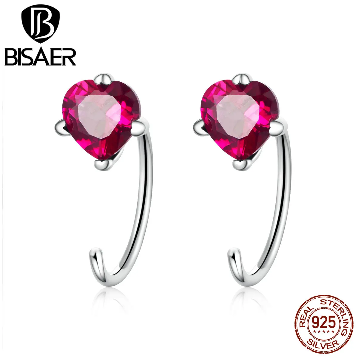 BISAER Аутентичные 925 пробы Серебряное сердце, для влюбленных, серьги со шпилькой, для Для женщин Розовый Камень CZ кубический цирконий серьги ювелирные изделия ECE531