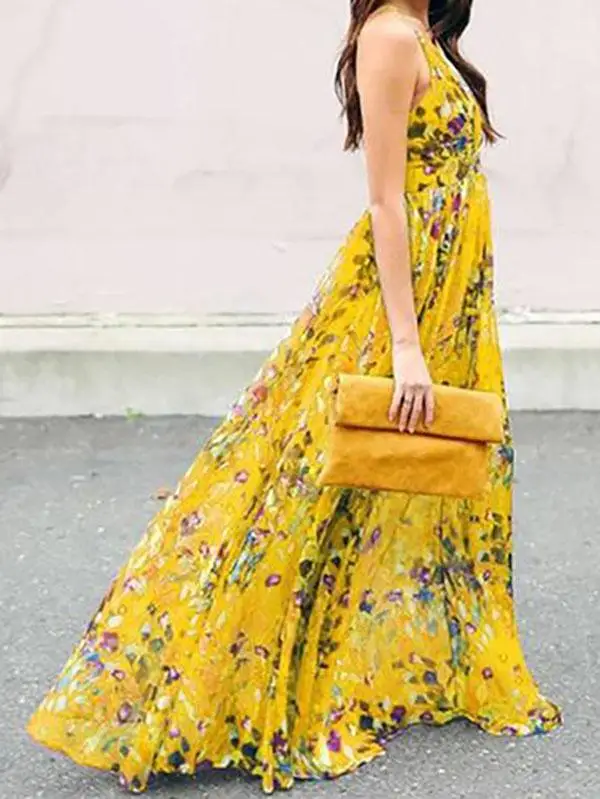 Богемное Женское Платье макси с V образным вырезом и цветочным принтом летние