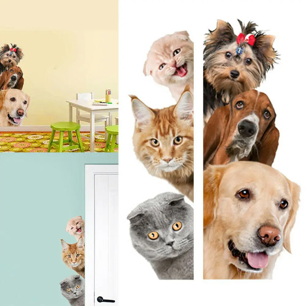 3D милые наклейки на стену с изображением собаки кошки виниловые для дверей