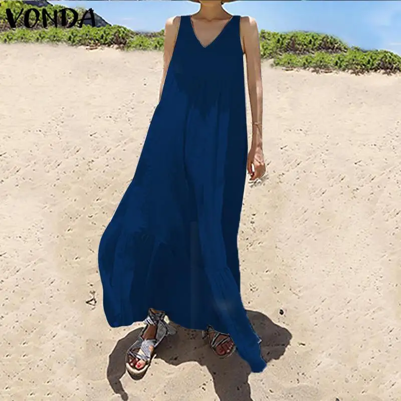 Белые хлопковые длинные платья для женщин летнее VONDA сексуальное платье без рукавов с v-образным вырезом однотонное винтажное платье размера плюс пляжный сарафан 5XL