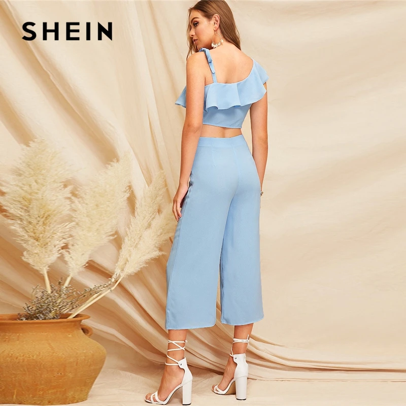 SHEIN Комбинезон С Бантом Оборкой И Вырезом На Плече Женский Синий Элегантный Широкий Комбинезон Без Рукавов