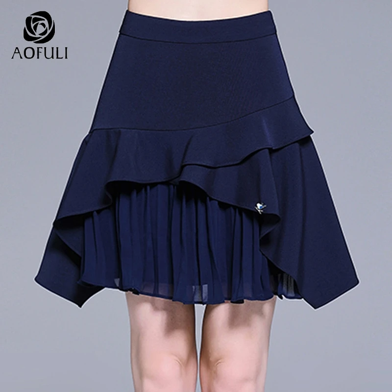 AOFULI L ~ 4XL 5XL синяя каскадная гофрированная юбка летняя однотонная Асимметричная