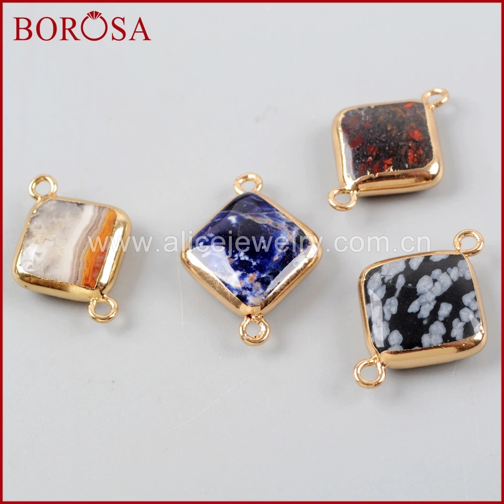BOROSA 20 шт. Золото Цвет Multi-kind камни Ромбический медь разъем Бусины Двойной
