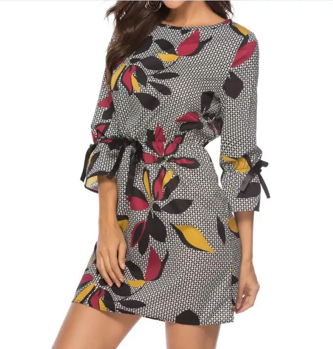 AVODOVAMA M New Spring Summer Long Sleeve Women Dress Fashion Casual O-Neck Sashes Print Straight Mini Dresses | Женская одежда
