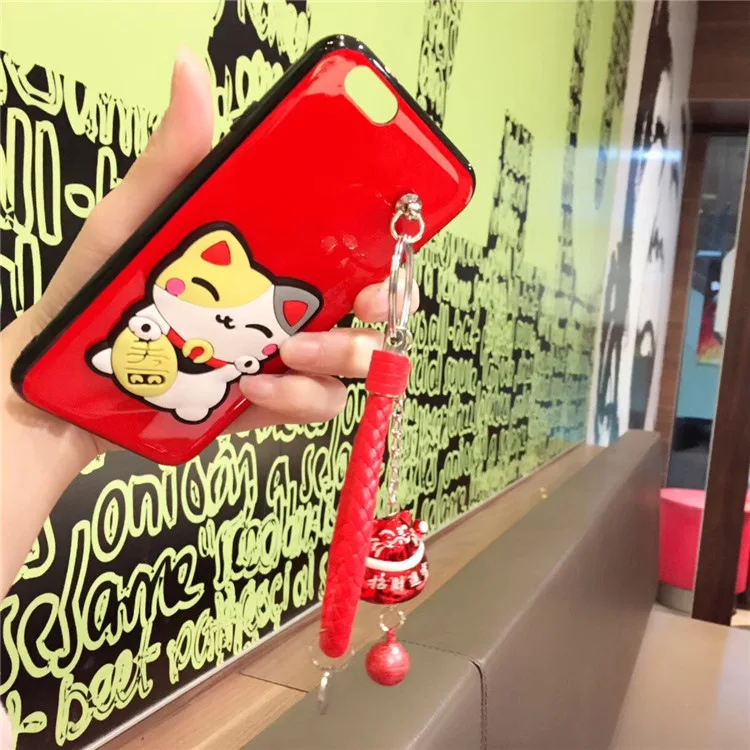 Kuutti мягкий красный Kawaii Maneki Neko Cat Чехол для телефона с ремешок колокольчиком iPhone 6