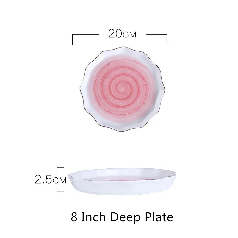 Nordic Color Changing Ceramic Plate Golden Edge Porcelain Dinner Plate Set Salad Bowl Steak Dessert Cake Tray Irregular Dishes - Цвет: 8 In Deep Plate Pink