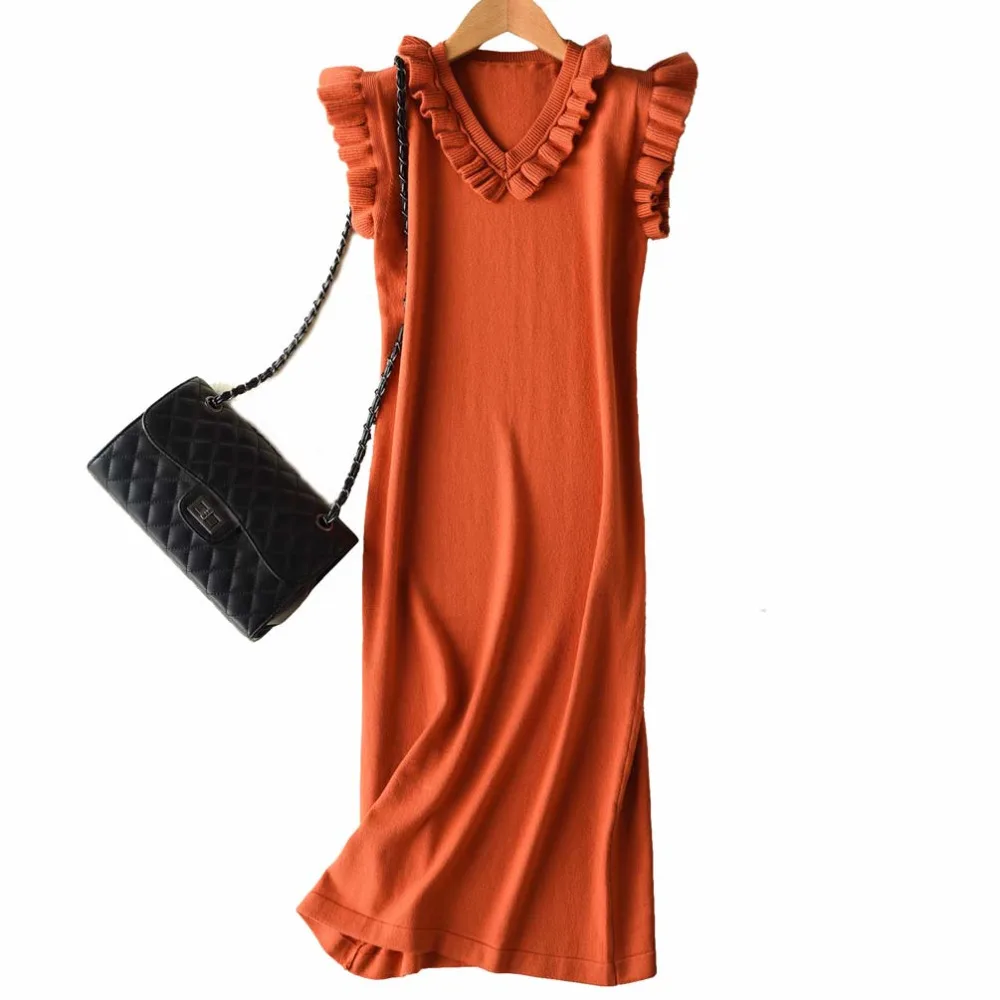 Платье женское весенне осеннее кашемировое с гофрированным треугольным вырезом