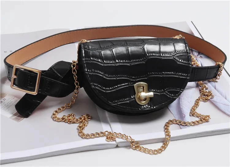 black crocodile Mihaivina, Женская поясная сумка полукруглой формы, Кожаная поясная сумка, модный пояс на цепочке, сумки на плечо, Женский кошелек, сумка-бум - Цвет: black crocodile