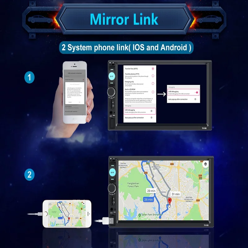 Carplay 2 din bluetooth Авторадио android и ios Зеркало Ссылка сенсорный экран Камера заднего