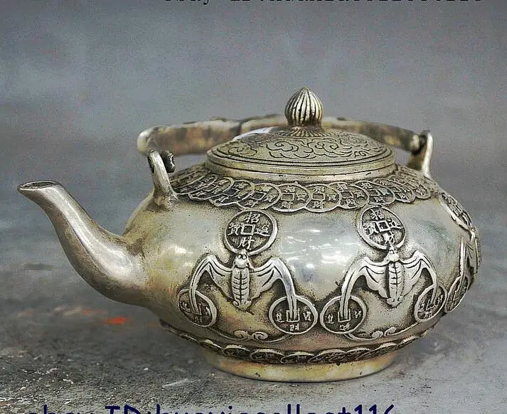 Помеченный Китайский серебряный богатство летучая мышь монета фу голова зверя