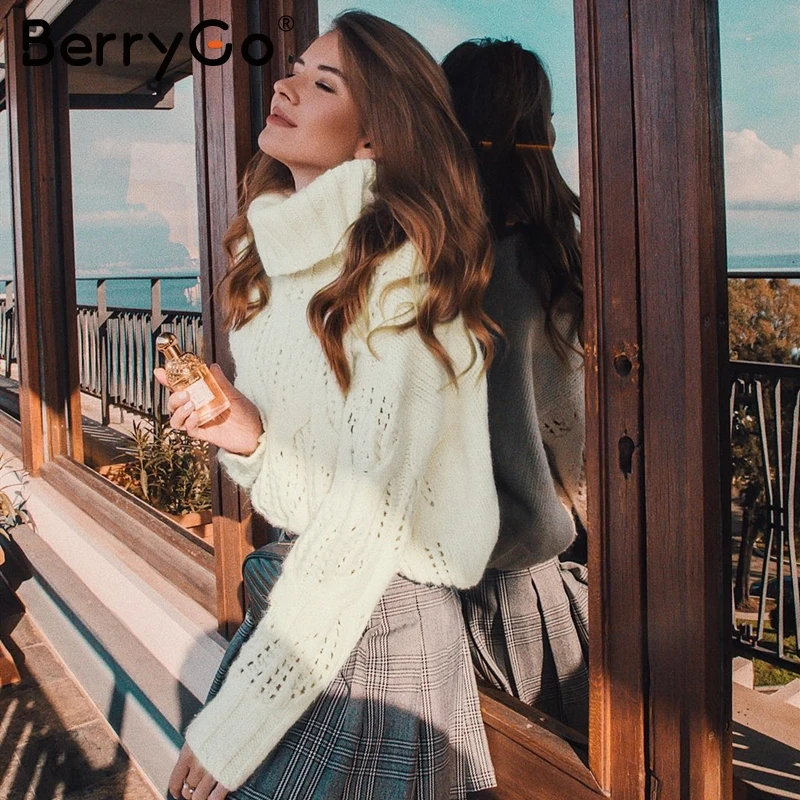 BerryGo Turtleneck women pullover sweater Autumn winter female knitted sweaters jumper Chic loose hollow out white warm | Женская одежда