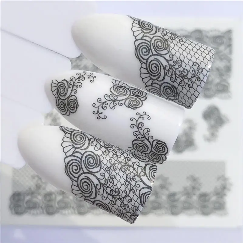 

WUF 1 Sheet Nails Water Transfer Nail Art Stickers Decals Black Lace Flowers Design DIY French Manicure Foils Stamp Tools