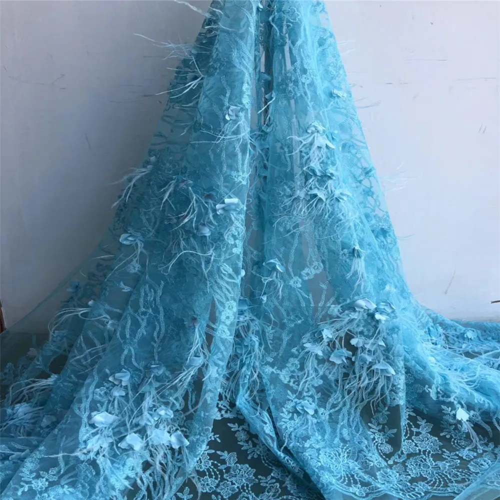 3D кружевная ткань с перьями страуса Обнаженная тяжелыми бусинами для платья