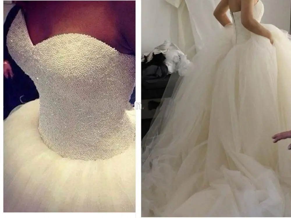 

Luxury Sweetheart Ballgown Top Pearls Wedding Dresses Tulle Royal Train Princess Puffy Formal Bridal Gowns