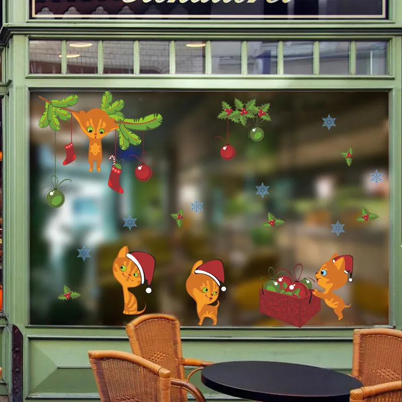 Рождественский Кот колокольчик снежинка наклейки на стену спальни окно магазина