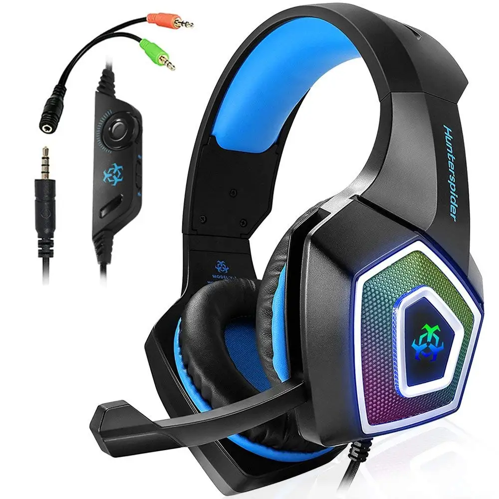 Blue Игровая гарнитура Hunterspider для PS4, 3,5 мм стерео звук Кабель гарнитура с микрофоном Красочный Светодиодный светильник наушники для ноутбука - Цвет: Blue