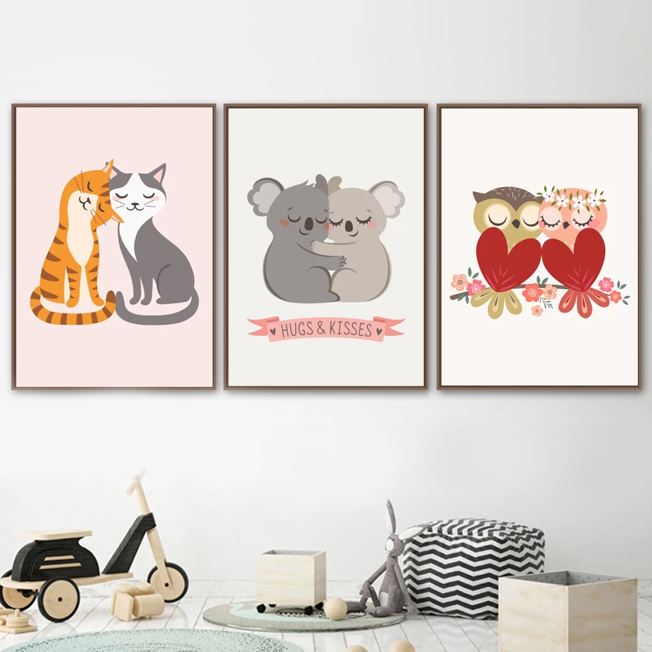 Объятия поцелуев Кот коала Сова скандинавский постер и принты настенная
