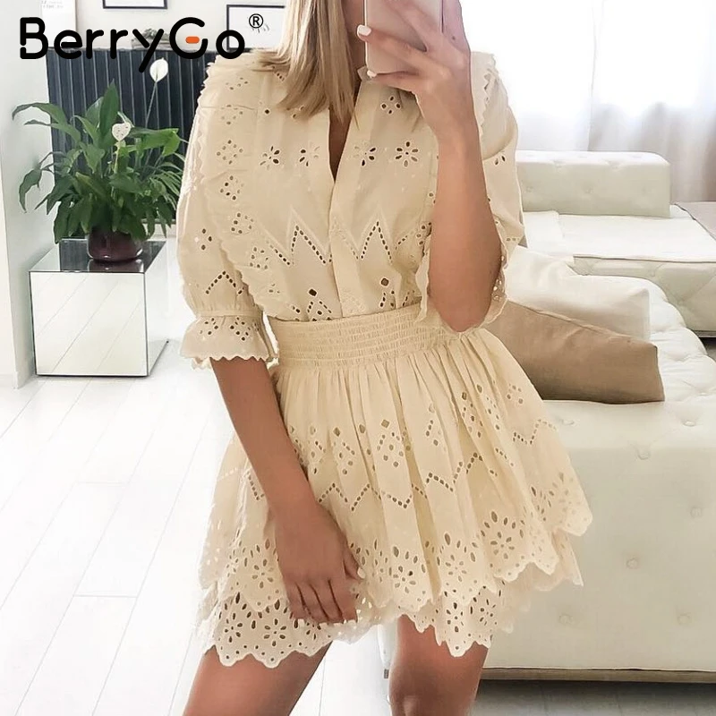 BerryGo элегантная Кружевная блуза с вышивкой для женщин коротким рукавом и