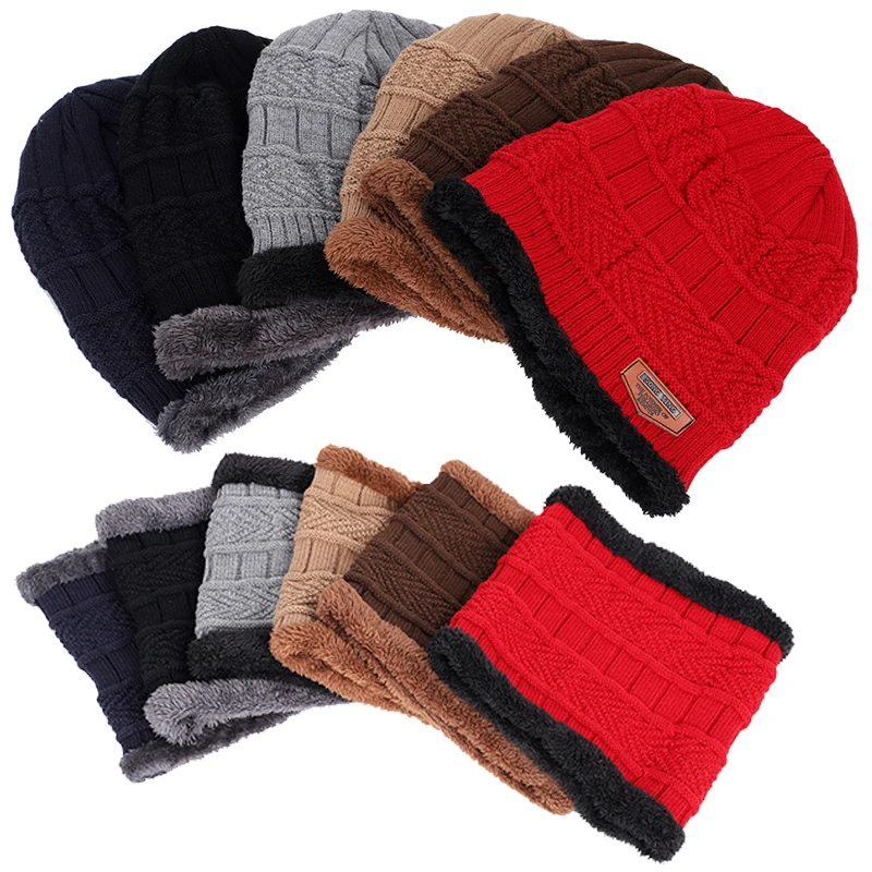 

New autumn and winter knitted men's hats outdoor warm loose comfortable caps thickening plus velvet hat bib two-piece beanies