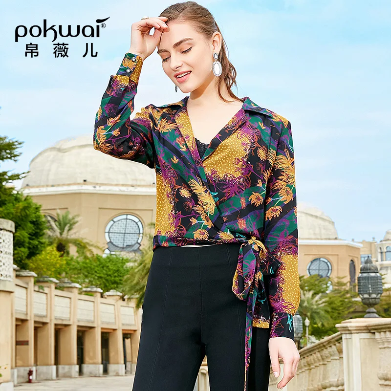 Женская шелковая рубашка POKWAI кружевная с длинными рукавами и поясом прошитая