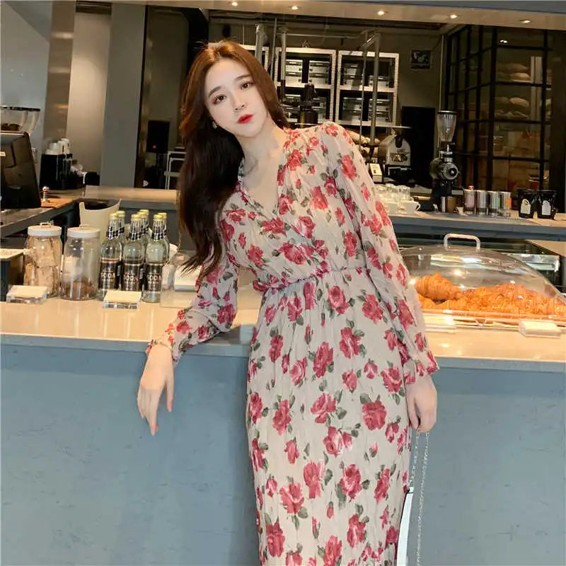 Шифоновое платье с цветочным принтом летнее в стиле ретро v образным вырезом и