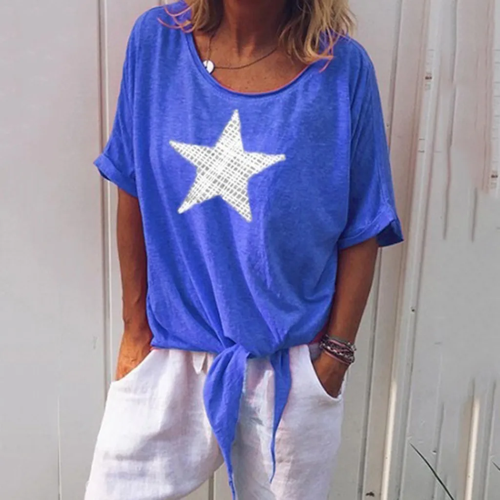 Женская футболка с принтом в виде звезд Повседневная коротким рукавом и узлом на