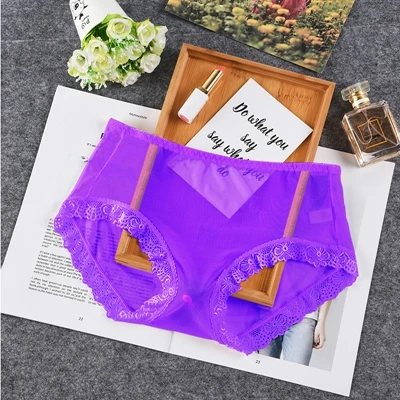 Фиолетовый Ropa interior femenina Нижнее белье женские трусики размера плюс 4XL мягкие кружевные сетчатые полностью прозрачные и тонкие сексуальные трусики нижнее белье - Цвет: Фиолетовый