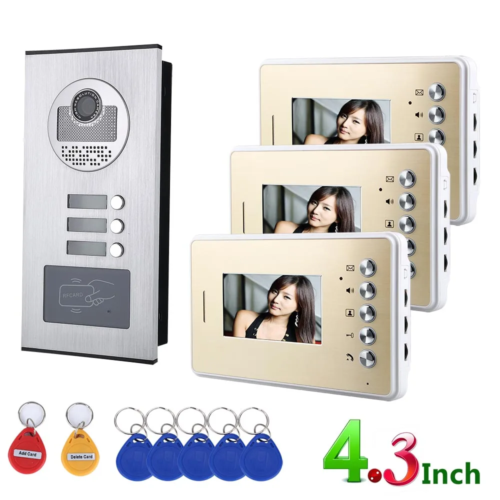 

Video Intercom Systems 3 apartments 4.3inch Video Door Phone System RFID IR-CUT HD 1000TVL Doorbell Camera
