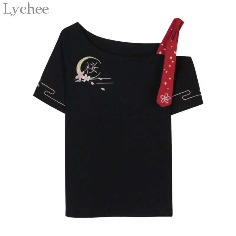 Летняя женская футболка Lychee в китайском стиле с вышивкой Сакура и Луны