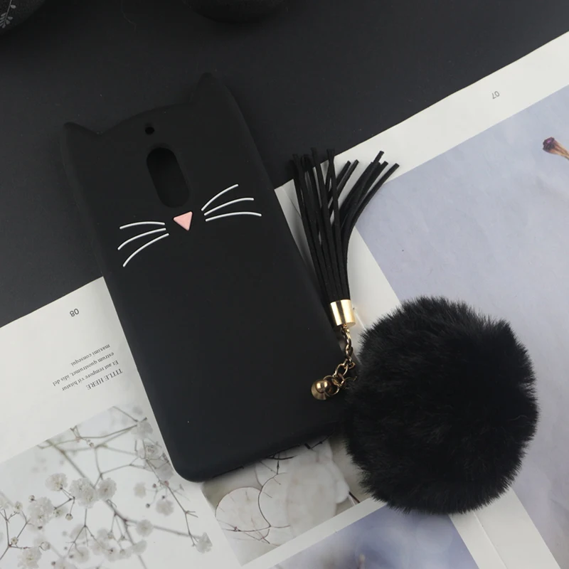 Милый 3D мультяшный силиконовый чехол для Nokia 6, чехол s, Япония, блестящая борода, кошка, кошечка с милыми ушками, чехол для телефона Nokia 1 2 - Цвет: HuxuBlack With Ball