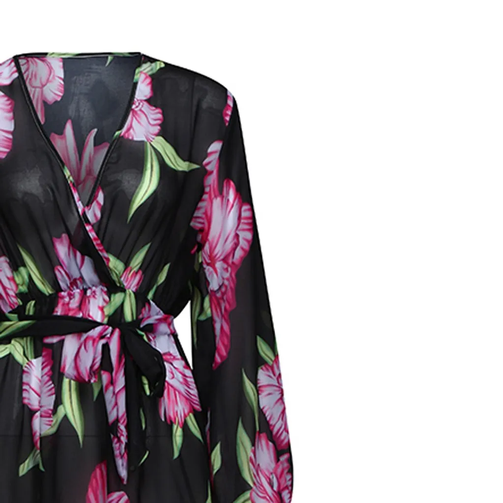 Женское платье с v-образным вырезом винтажное Шифоновое Платье макси цветочным