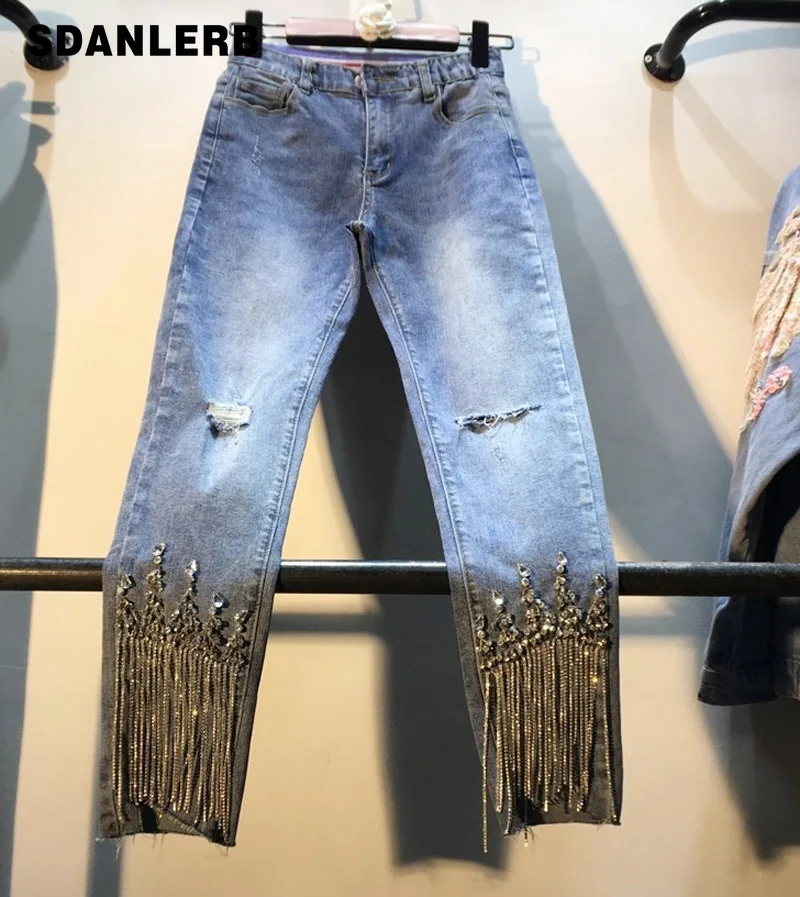 Женские джинсовые брюки с дырками весна лето 2019 новинка тяжелые шипованные