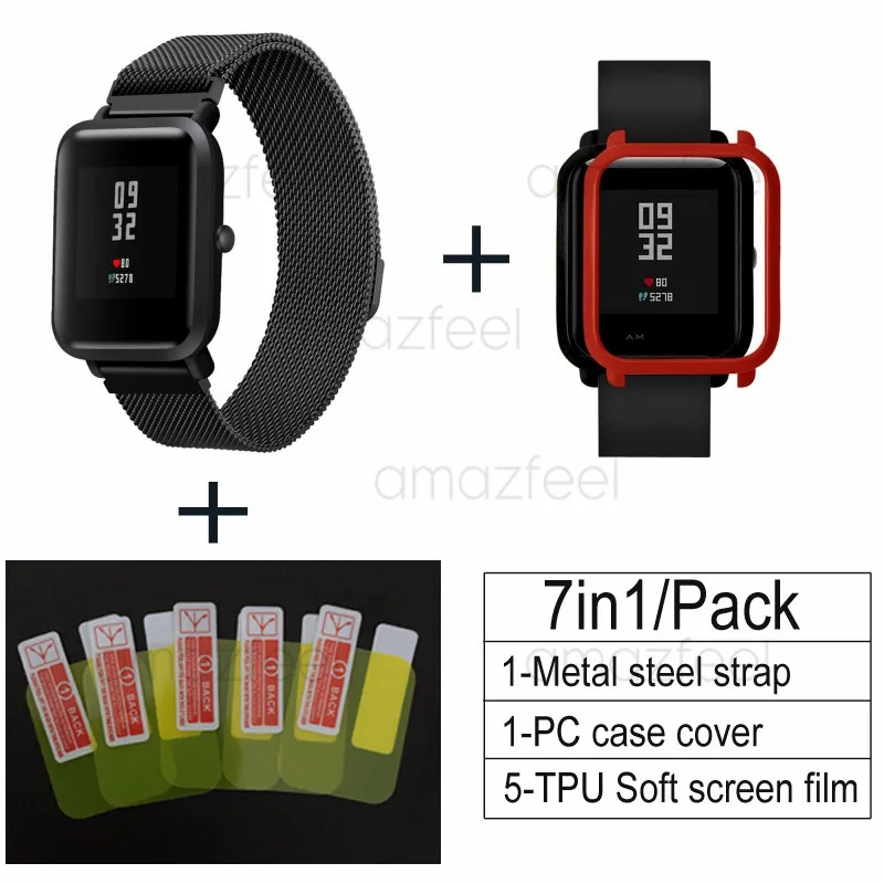 black-red 7в1 ремешок для часов Huami Amazfit ремешок Bip из нержавеющей стали магнитный браслет для Amazfit Bip Lite чехол протектор Аксессуары - Цвет: black-red