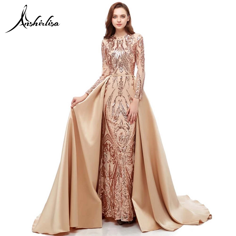 Champagne Anshirlisa/женское мусульманское вечернее платье Русалочки с длинным рукавом со съемным шлейфом, арабское вечернее платье с блестками, атласное платье для выпускного вечера - Цвет: Champagne